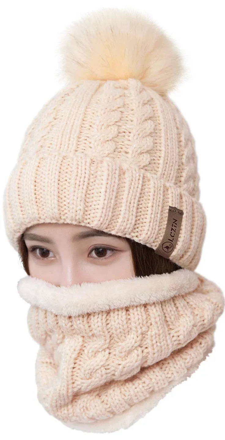 LCZTN Womens Pom Beanie Hat Scarf Set Girls Cute Winter Ski Hat Slouchy Knit Sku