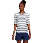 Lands' End Women's Crew Neck Rash Guard UPF 50 Sun Protection Swim Tee - Medium - White/Deep Sea Stripe