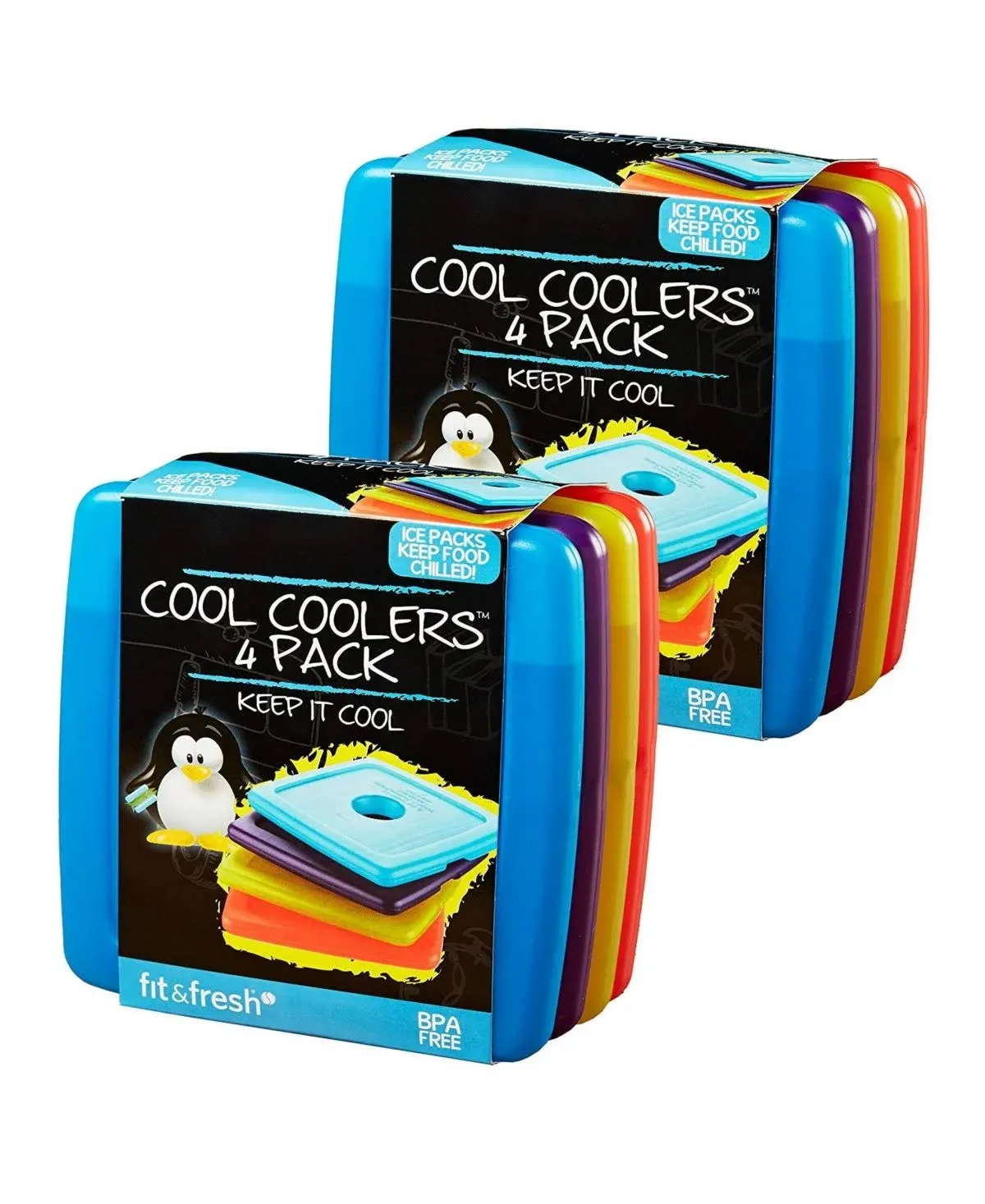 Cool Coolers By Fit & Fresh 4 Pack Slim Ice Packs, Quick Freeze Space Saving Reusable Ice Packs for Lunch Boxes or Coolers, Multi Colored, 2 Packs of 4