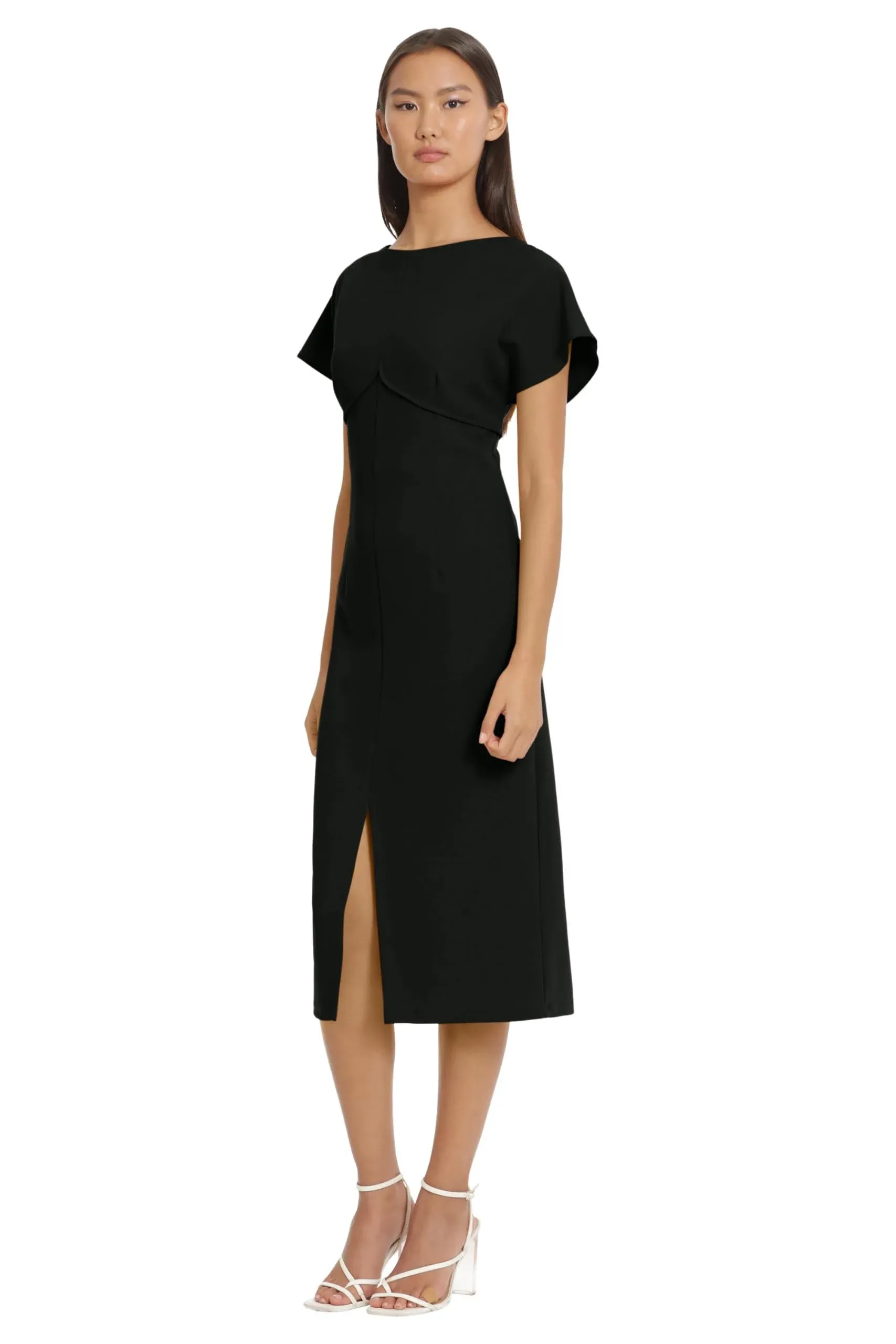 Donna Morgan Women's Flutter Sleeve Crepe Sheath Midi Dress with Keyhole