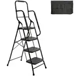 Usinso 4 Step Ladder Tool Ladder Folding Portable Steel Frame Max 500 lbs Non-Slip Side Armrests Large Area Pedals Detachable Toolbag Suitable for