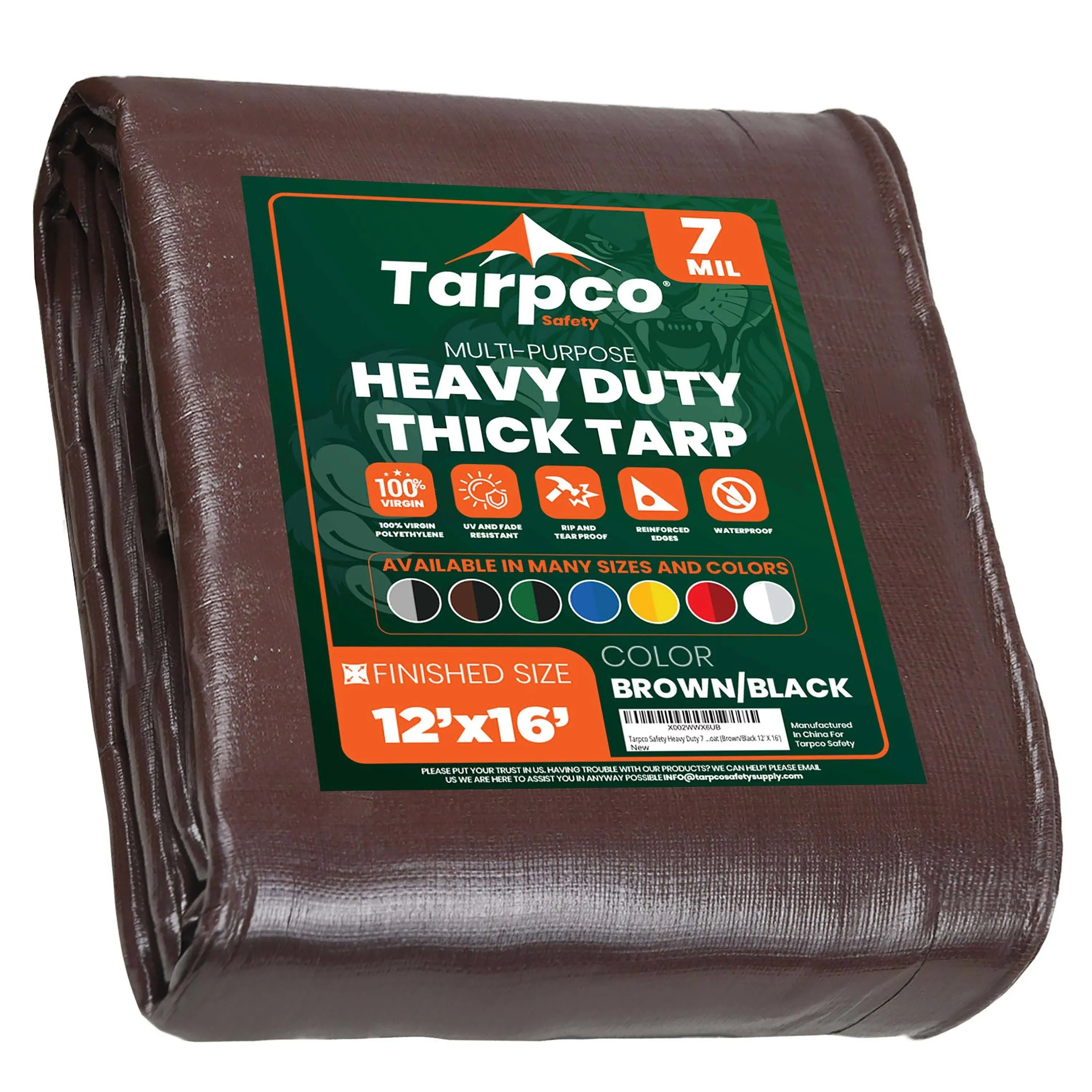 Tarpco Safety Heavy Duty 7 Mil Tarp, Brown/Black 12 x 16