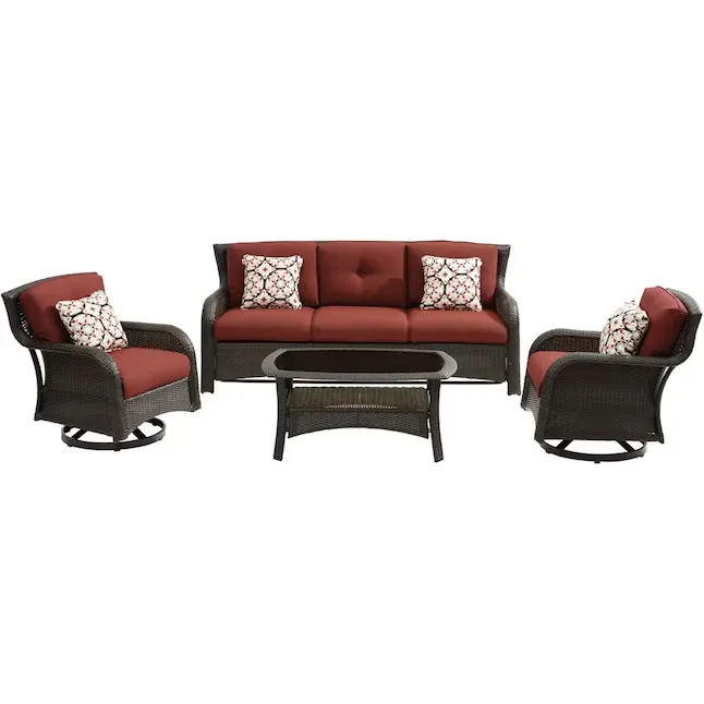 Hanover Strathmere 4-Piece Wicker Patio Conversation Set with Red Cushions Lowes.com