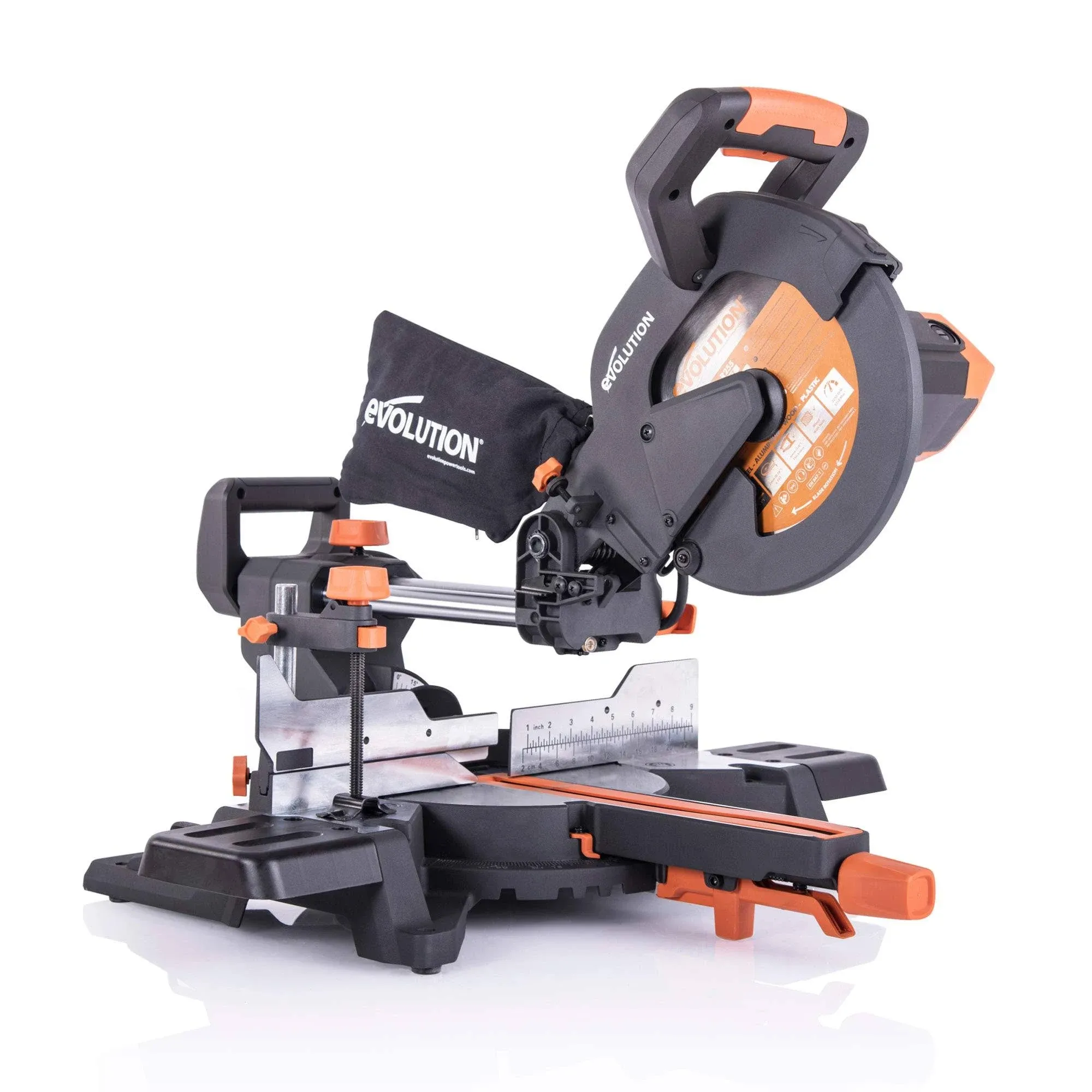 Evolution Power Tools R255SMS+ PLUS 10-Inch Sliding Miter Saw Plus Multi-Material Multi-Purpose Cutting Cuts Metal, Plastic, Wood & More 0˚ - 45˚ Bevel & 50˚ - 50˚ Miter Angles TCT Blade Included