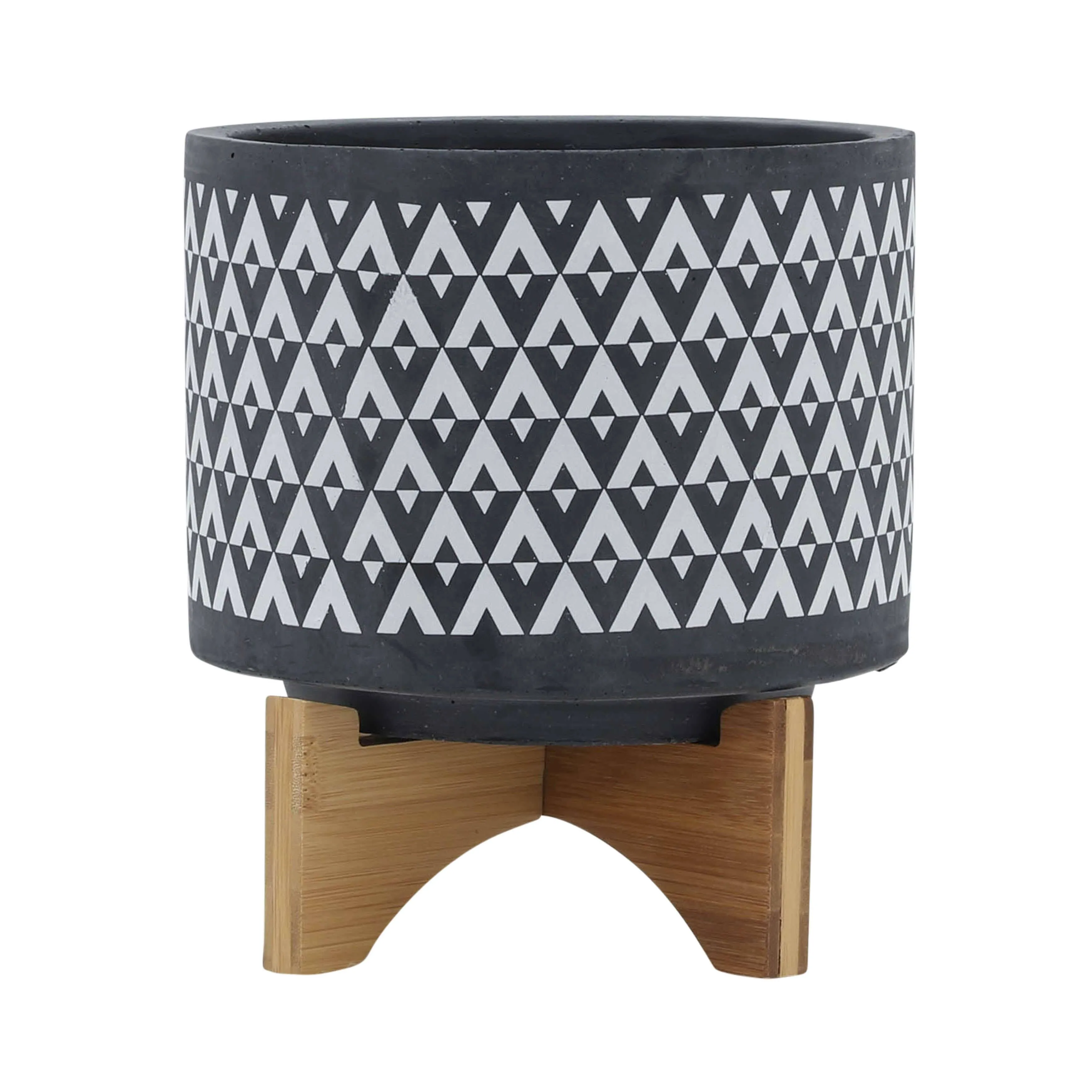 Sagebrook Home 9" H 8" Diameter Black and Gray Aztec Design Ceramic Planter with Solid Rubberwood Stand for Tabletop Display in Living Room, Bedroom, or Office