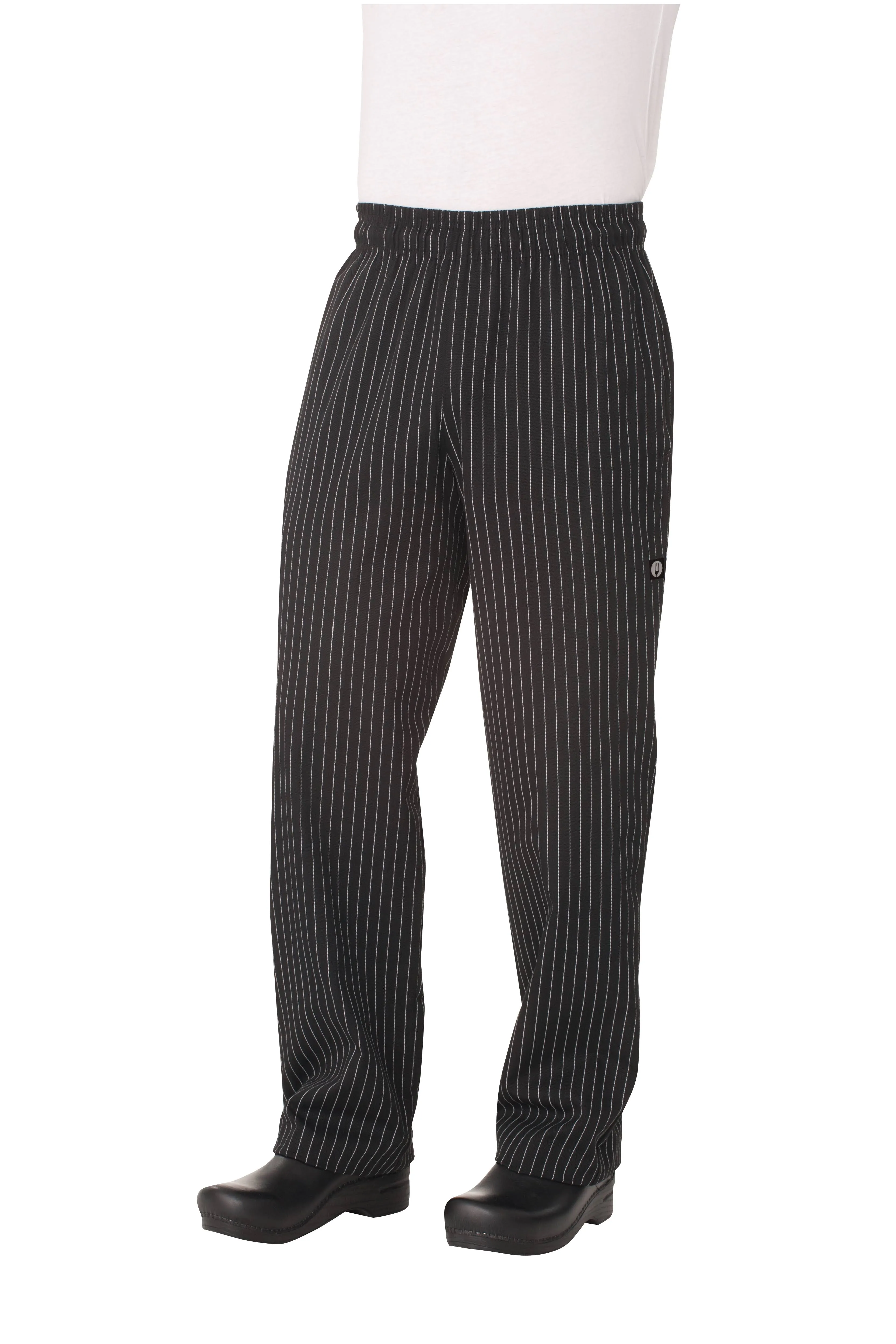 Chef works designer baggy pants black white pinstripe Large drawstring elastic