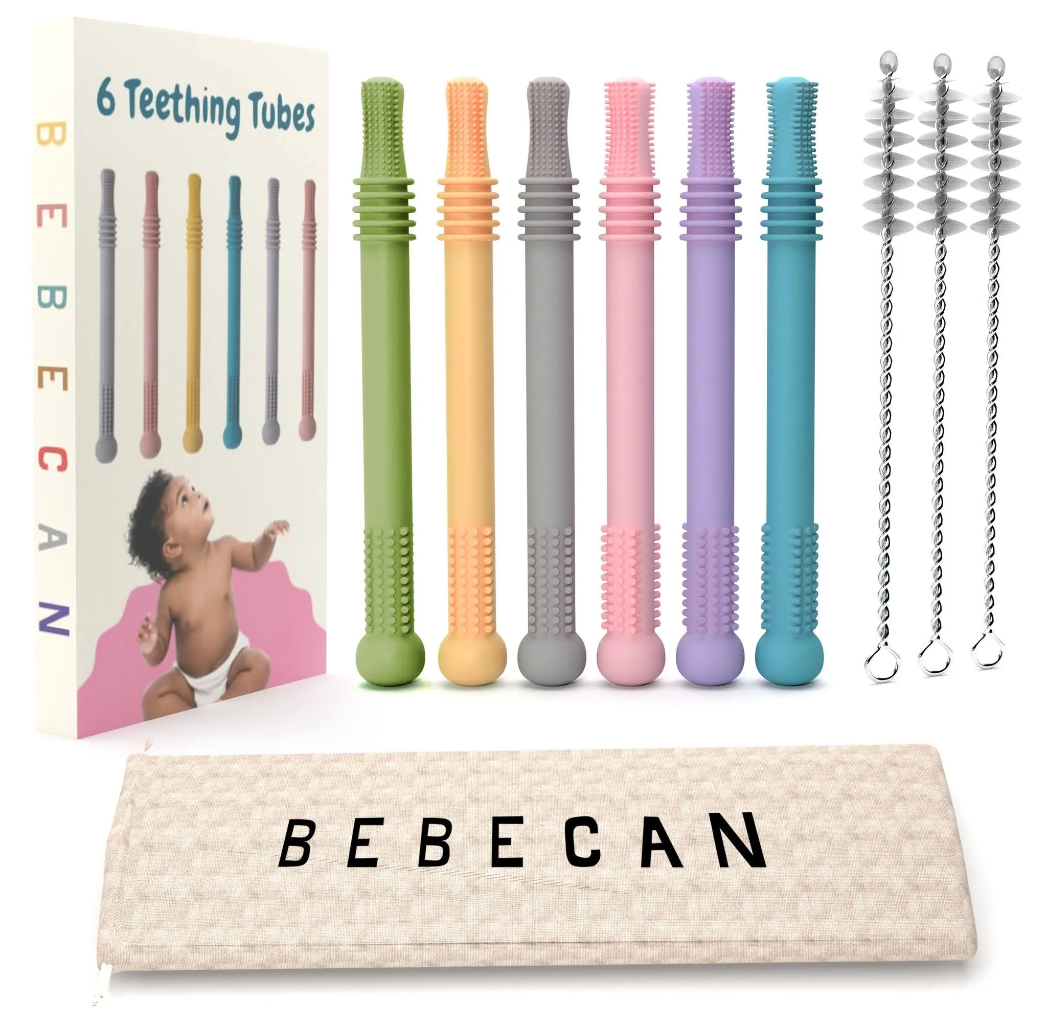 Bebecan Teething Sticks for Babies 0-36 Months Super Soft Silicone Teethers in 6 Vibrant Colors