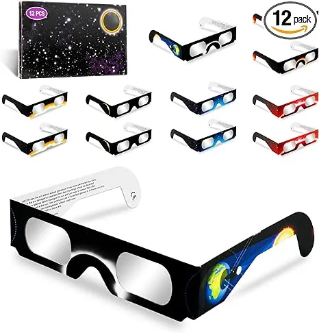 YDKOJGW 12 Pack Solar Eclipse Glasses Approved 2024,CE&ISO Certified Eclipse Glass for Solar Viewing,Optical Quality Safe Shades for Direct Sun