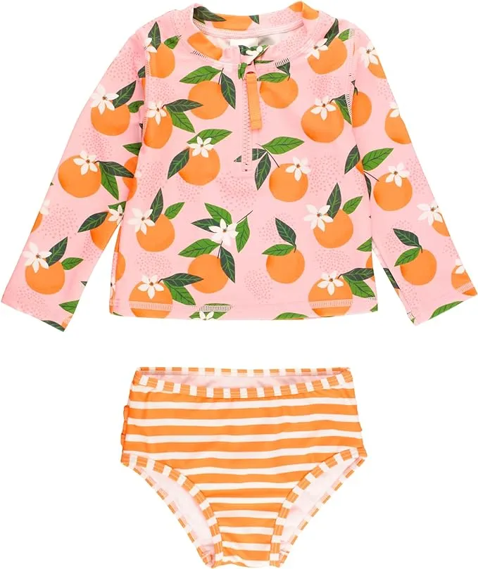 RuffleButts Orange You The Sweetest Long Sleeve Zipper Rash Guard Bikini - 3T