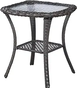 Pocassy Wicker Side Table 22&#034; x 20&#034; Square Glass Table Top in Steel Brown Frame