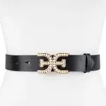 Sam Edelman Women's Dress Pearl Plaque Logo Buckle Fashion Belt, Black, Leather