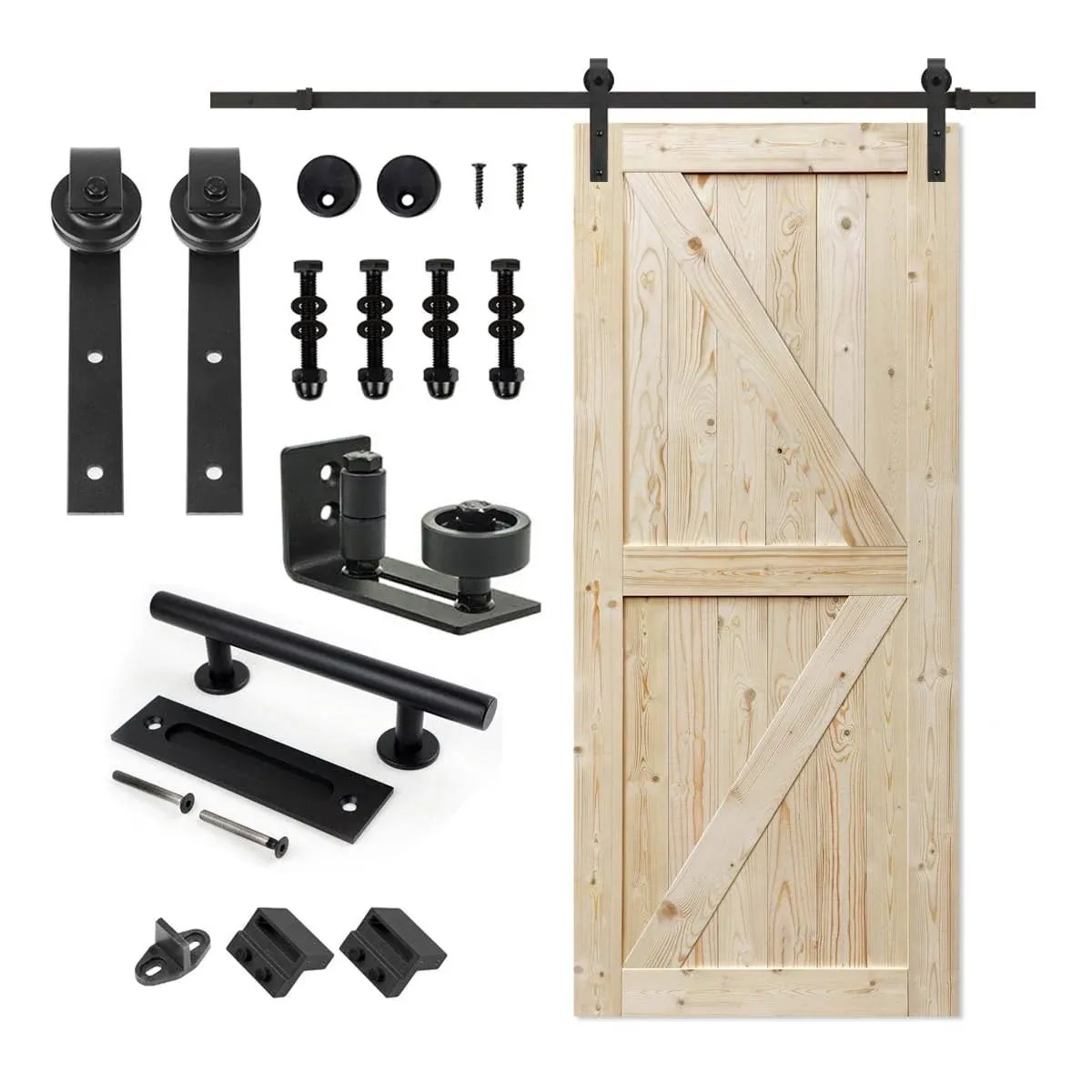 S&Z TOPHAND 36 in.x80 in. Unfinished British Brace Knotty Barn Door with 6.6 FT Sliding Door Hardware Kit/Simple Assembly is Required