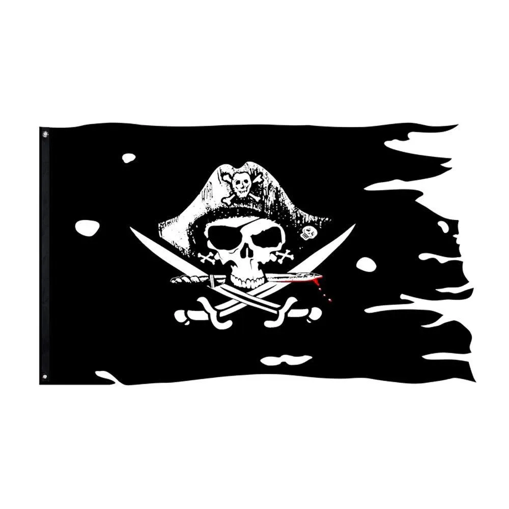 Dead Man's Chest Skull Bones Jolly Roger Flag 3x4.8Fts Crossbone Pirate Banner Creepy Ragged