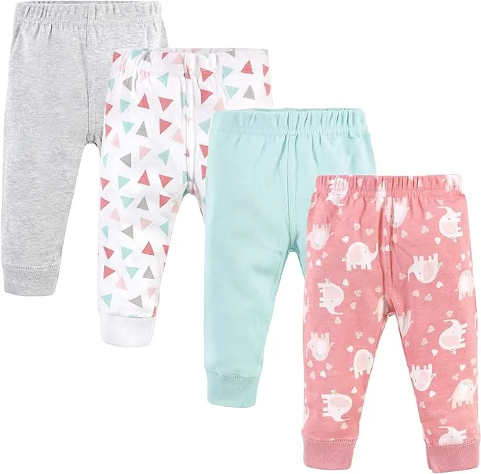 Luvable Friends Baby and Toddler Girl Cotton Pants 4pk, Girl Basic Elephant, 4 Toddler