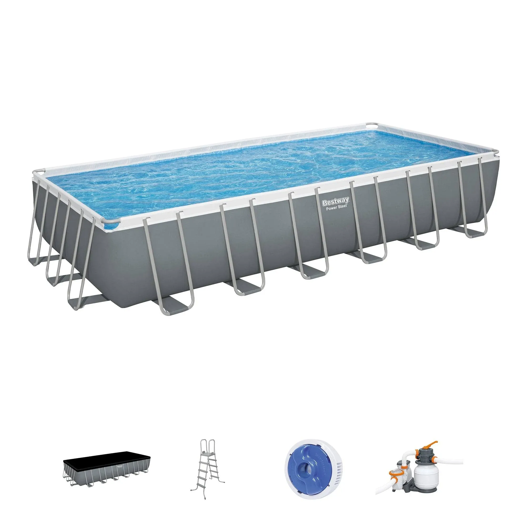 Bestway 24' x 12' x 52" Power Steel Rectangular Above Ground Swimming Pool Set