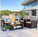 Shintenchi Outdoor Patio Furniture 4 Piece Set, Wicker Rattan Sectional Sofa Couch with Glass Coffee Table | Brown