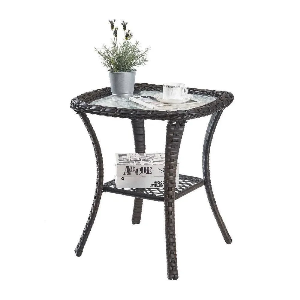 Pocassy Brown Square Wicker Outdoor Glass Side Table