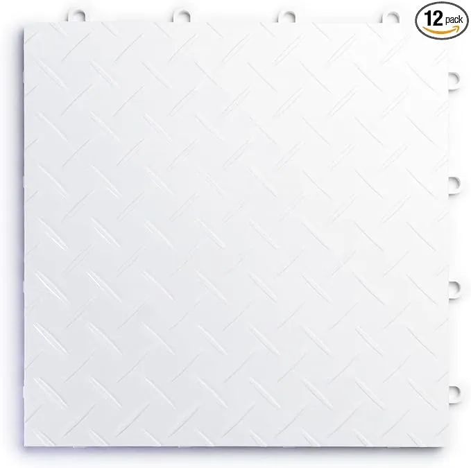 RaceDeck Diamond Plate Design, Durable Interlocking Modular Garage Flooring Tile (12 Pack), White