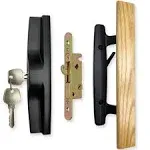 Sliding Patio Door Handle Set with Mortise Lock, Key Cylinder and Face Plate, Wood Handle Lock Set Fits Door Thickness from 1-1/2" to 1-3/4", 3-15/16" Screw Hole Spacing, Black