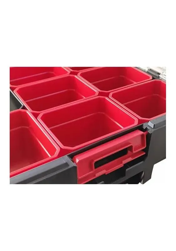 17" Heavy Duty Interlocking Organizer with Clear Lid for Storage and Tool Organization - with 12 Removable Caps, Secured Metal Latches for Locking Mechanism - Aluminum Handle, Polycarbonate Lid