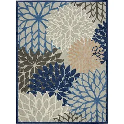 Nourison Aloha Indoor/Outdoor Blue/Multicolor 9'6" x 13' Area Rug, Tropical, Botanical, Easy Cleaning, Non Shedding, Bed Room, Living Room, Dining Room, Deck, Backyard, Patio (9x13)