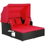 Patio Rattan Daybed with Retractable Canopy and Side Tables-Red | Costway