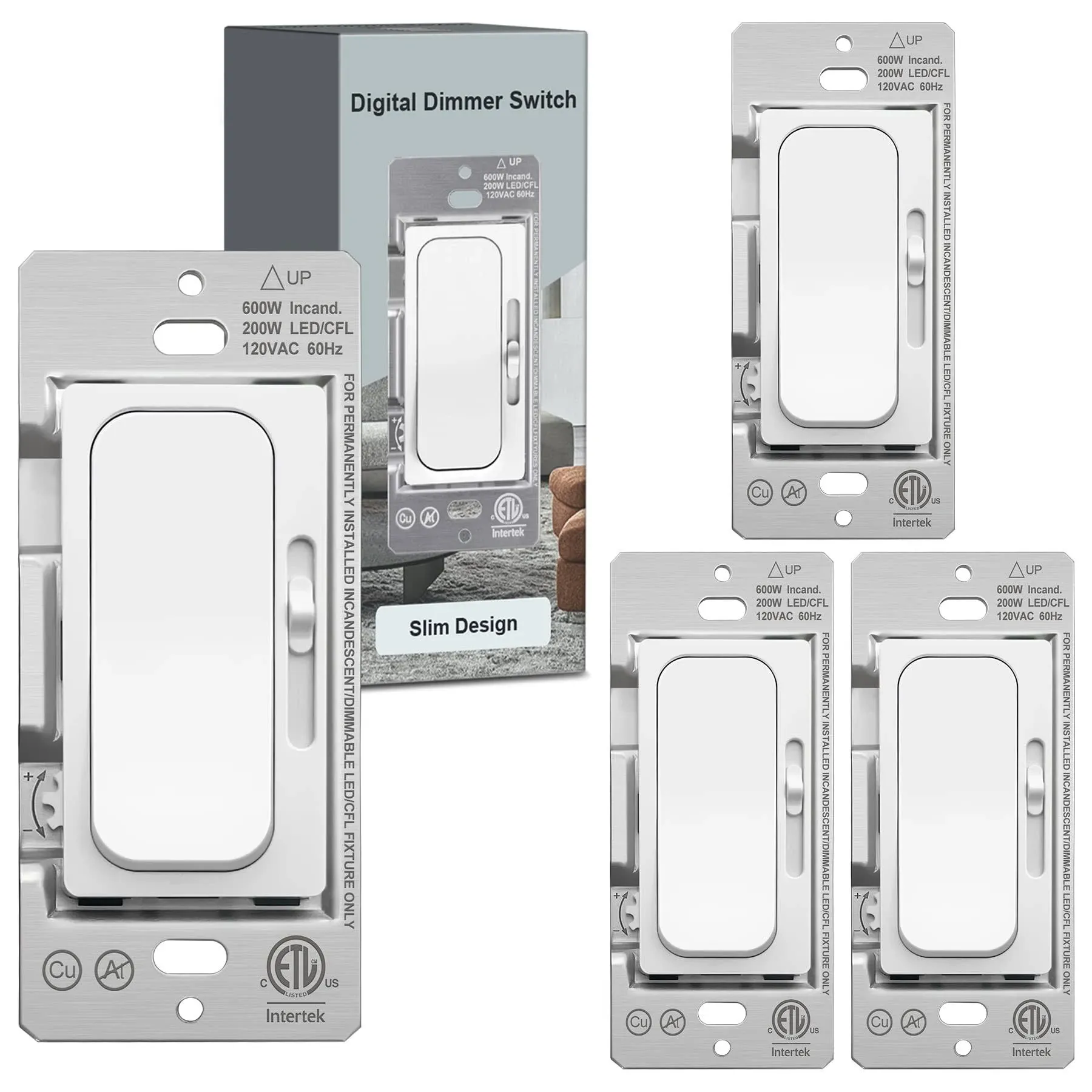 (4 Pack) Digital Slim Slide Dimmer Light Switch Single-Pole/3 Way for 200W Dimm