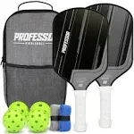 Professor Premier Pickleball Paddle Set of 2 Fiberglass Surface Paddles, 4 Balls