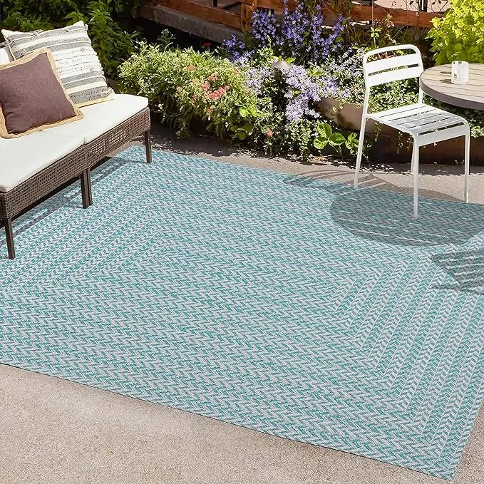 JONATHAN Y SMB206A-4 Chevron Modern Concentric Squares Braided Indoor Outdoor Area-Rug, Farmhouse, Traditional Easy-Clean,Bedroom,Kitchen,Backyard,Patio,Non Shedding, Aqua/Light Gray, 4 X 6