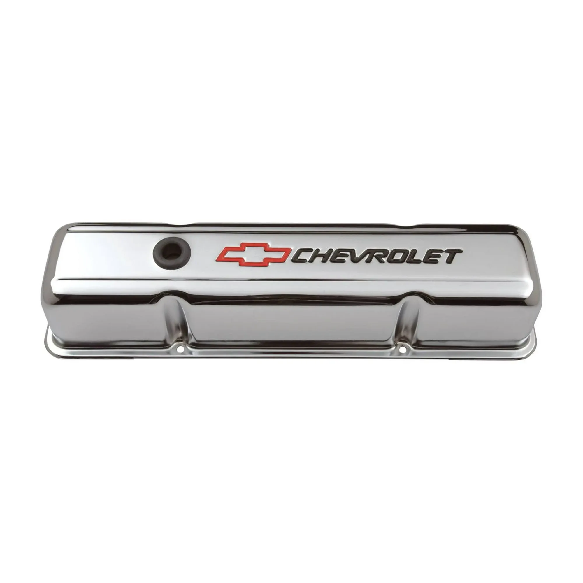 Proform 141-905 Engine Valve Covers; Stamped Steel; Tall; Chrome; w/ Bowtie Logo; Fits SB Chevy