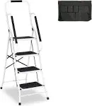 Usinso 4 Step Ladder Tool Ladder Folding Portable Steel Frame Max 500 lbs Non-Slip Side Armrests Large Area Pedals Detachable Toolbag Suitable for