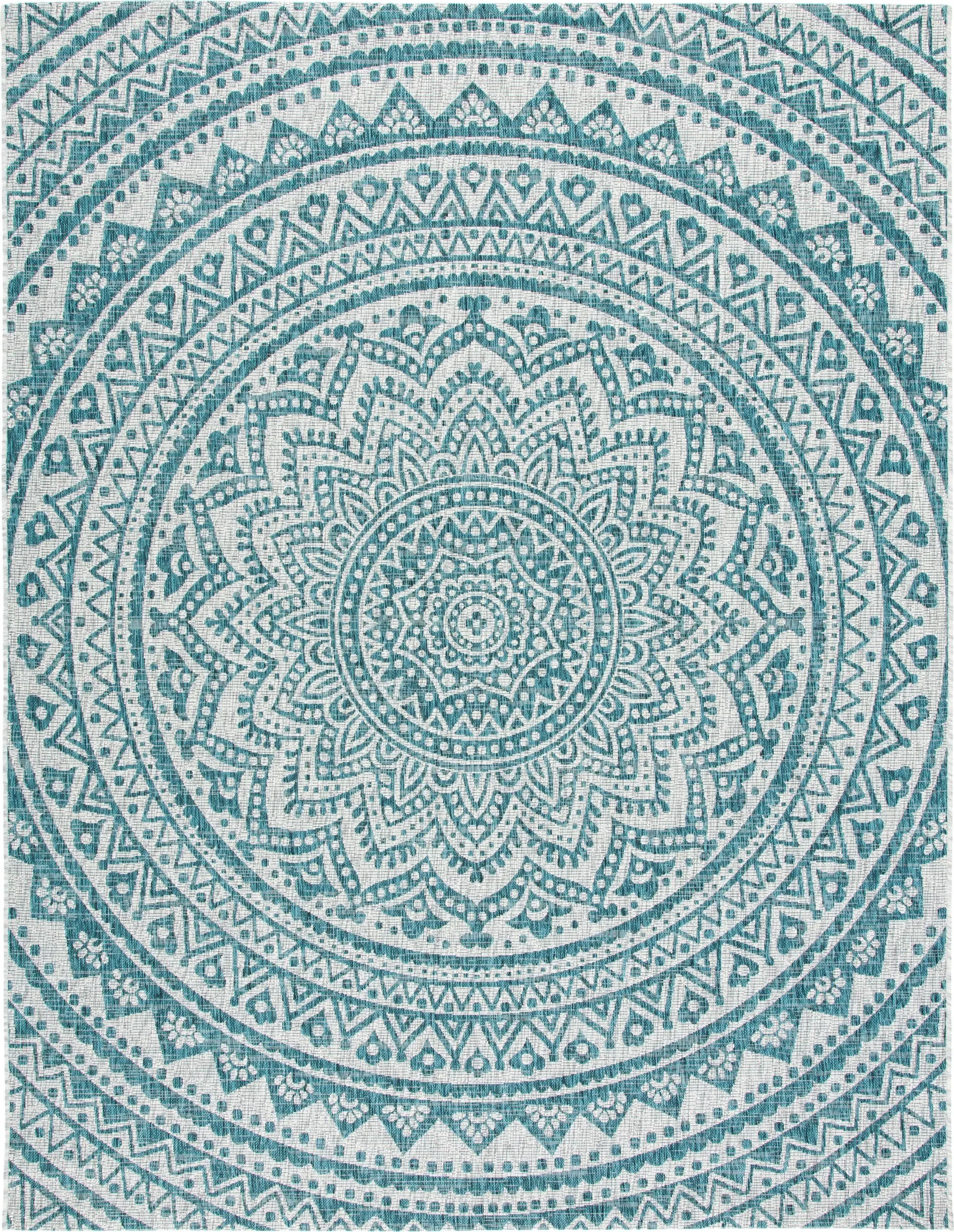 Courtyard Light Gray/Teal 8 ft. x 8 ft. Medallion Indoor/Outdoor Patio  Square Area Rug