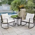 Suncrown 3 Piece Outdoor Rocking Bistro Set Black Wicker Furniture Porch Chairs Conversation Sets with Glass Coffee Table