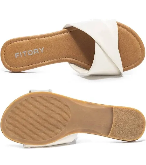 FITORY Women's Flat Sandals Fashion Slides With Soft Leather Slippers for Summer Size 6-11