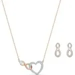 SWAROVSKI Infinity Necklace and Stud Pierced Earrings Set with Clear Crystal Pavé and Mixed Metal Plated Finish in Infinity and Heart Design