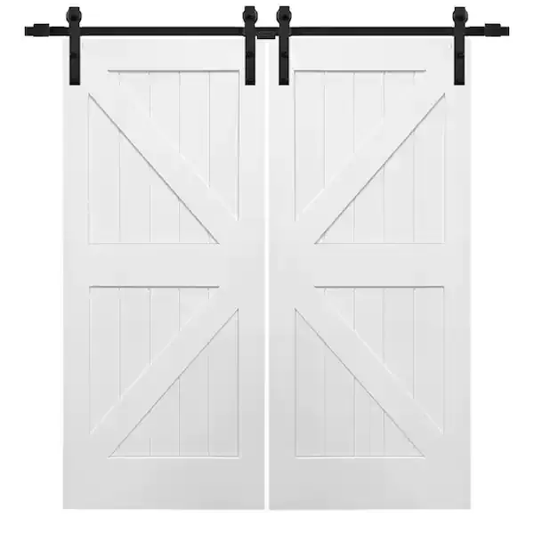 72 in. x 84 in. Primed Composite K-Plank Double Sliding Barn Door with Matte Black Hardware Kit