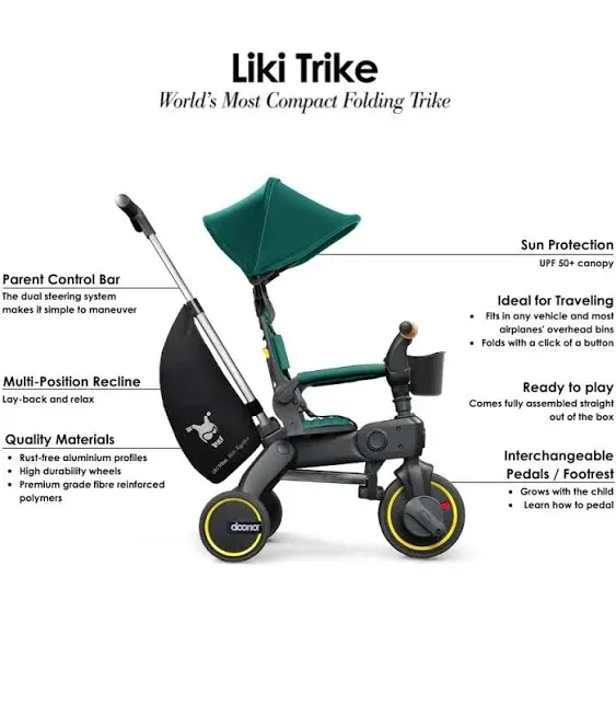 Doona Liki Trike S5, Racing Green - 5-in-1 Compact, Foldable Tricycle - Suitable for Toddlers 10 to 36 Months