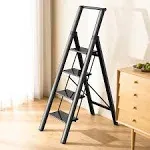 GameGem 5 Steps Lightweight Aluminum Ladder Folding Step Stool Stepladders with Anti-Slip and Wide Pedal for Home and Kitchen Use Space Saving (Black)