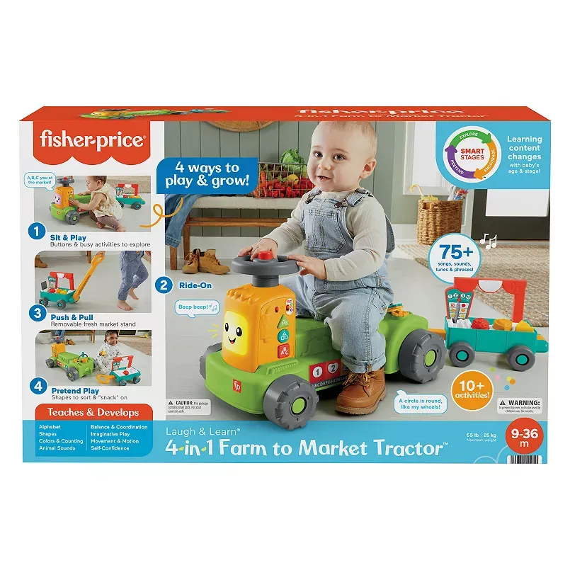 Fisher-Price Laugh & Learn 4-in-1 Farm to Market Tractor Ride-On Learning Toy, Multi