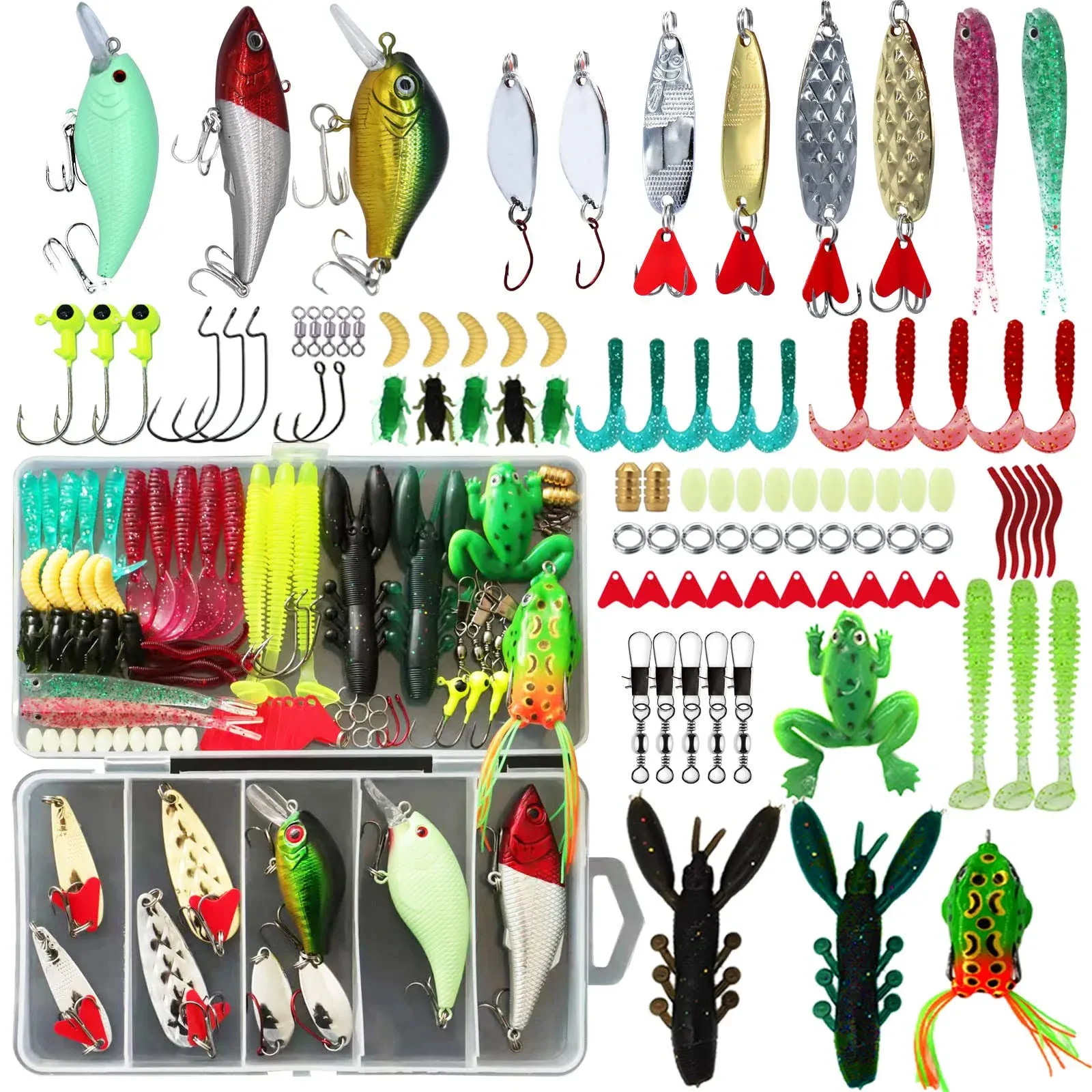 LASOCUHOO Fishing Lures Kit, Spoon Lures, Soft Plastic Worms, Frog Lures, Bait T