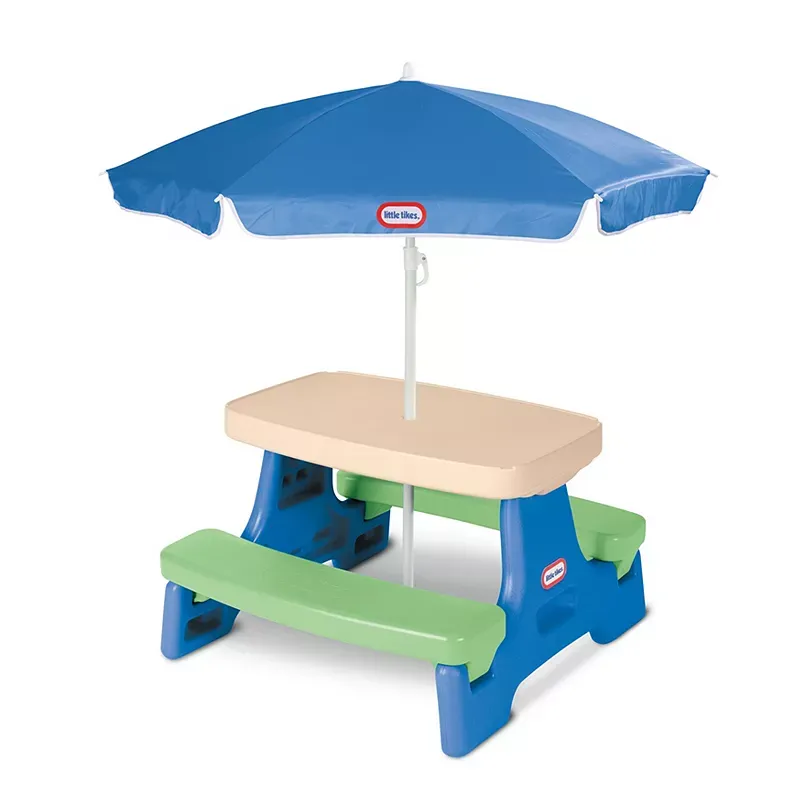 Little Tikes Easy Store Jr. Picnic Table with Umbrella, Blue & Green - Play Table with Umbrella, for Kids