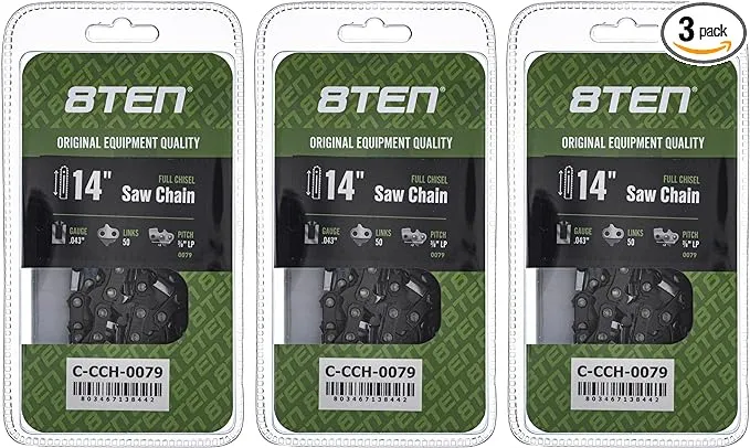 8TEN Full Chisel Chainsaw Chain 14 Inch .043 3/8 LP 50DL For Stihl MS170 MS180 023 MS210 009 010 MS201 (3 Pack)