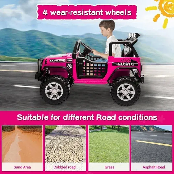 SEHOMY 2-Seater Kids Ride On Truck Car with Remote, 12V Battery Powered Electric Car for Kids 3 - Spring Suspension, LED Lights, Safety Belt, Music, Horn, 4 Wheeler Kids' Electric Vehicles Pink