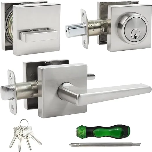 Front Door Handle and deadbolt Set,Passage Door Lever with Single Cylinder Deadbolt Lock Set, Square Heavy Duty Door Handle with Dead Bolt Locks for Exterior Doors(Brushed Nickel,1pack)