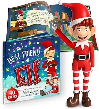  Flexible Elf Doll Toy can Sit On A Shelf, Stand Or Lay, 10in Elf and Book 