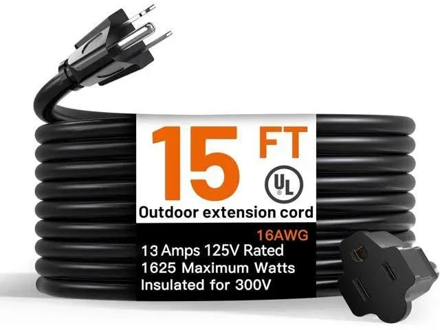 15 Feet Outdoor Extension Cord Waterproof, Black Extreme All Weather 16 Gauge Extensions Cord with Covers, Flexible 100% Copper 3 Prong Extension Cord