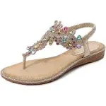 iCKER Women Rhinestone Sandals T-Strap Buckle Bohemian Pearl Crystal Flat Sandals