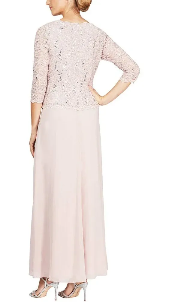 Alex Evenings Women's Long Lace Mock Dress, Shell Pink 8 Misses