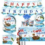 142 Pcs Gone Fishing Tableware,Fishing Birthday Party Decoration Little Fisherman Gone Fishing Themed Disposable Tablecloth,Plates,Napkins Cups Forks and Knives Supplies of Fishing Birthday Party