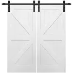 72 in. x 84 in. Primed Composite K-Plank Double Sliding Barn Door with Matte Black Hardware Kit